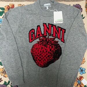 Ganni Gray Sweater with Red Strawberry Design